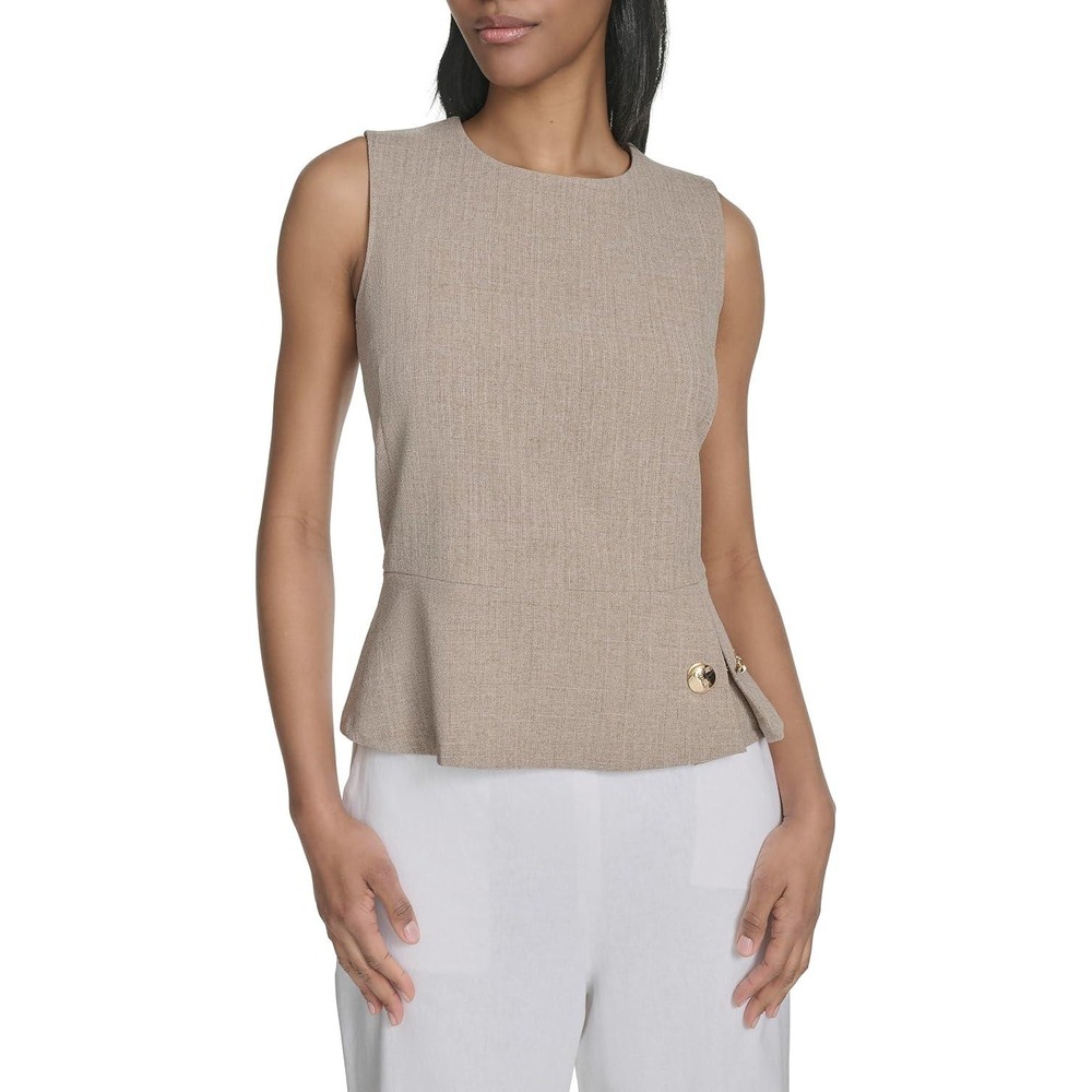 Halston Peplum Top Women XS Khaki Tan H5B98C71 Toggle Detail Sleeveless Blouse